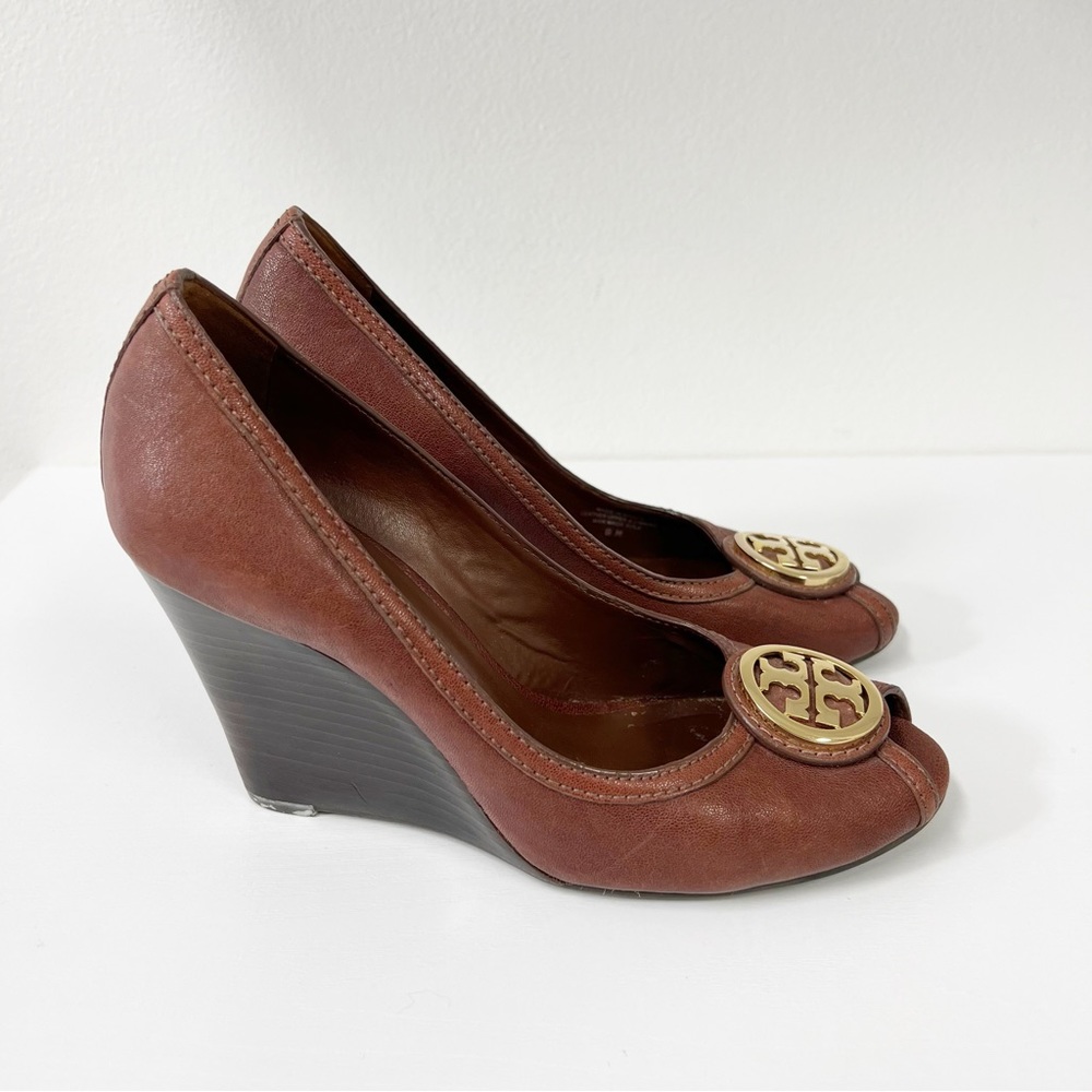Tory Burch Women's Brown Selma Peep Toe Wedges Shoes